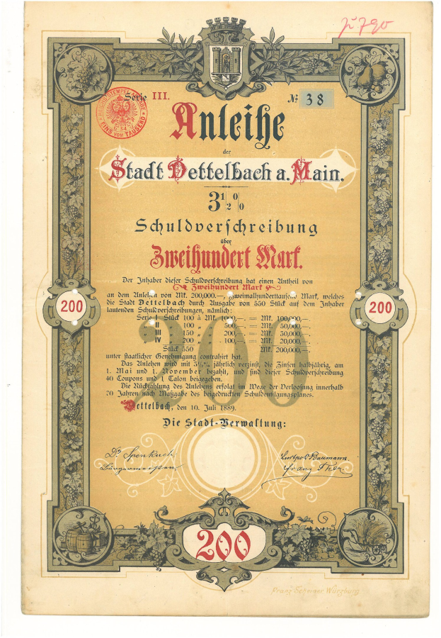 Altes deutsches Aktienzertifikat mit Porträt eines Mannes und gedrucktem Text sowie numerischen Werten, die die Aktiendetails angeben.