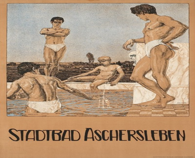 Plakat für ein Schwimmbad in Aschersleben, Deutschland, das Menschen im Wasser zeigt, darunter einen sitzenden, begleitet von Text.