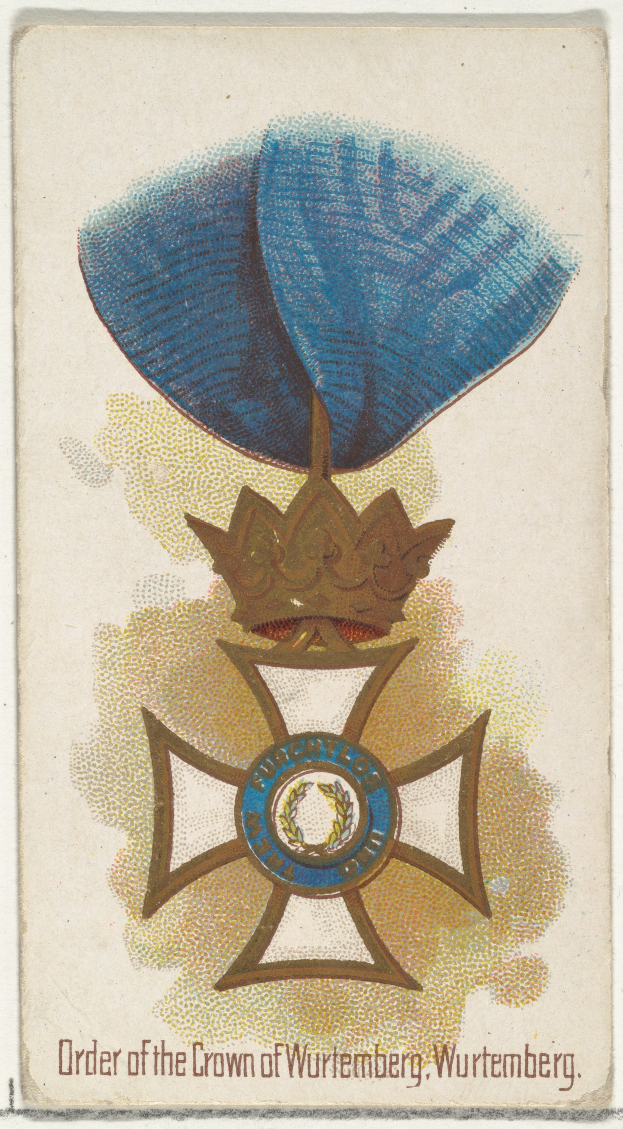 Ein Plakat mit einer Krone als Logo in Blau und Gold, umgeben von einem goldenen Rand, und der Schrift 'Ordenskrone von Württemberg' in fetter, schwarzer Schrift.