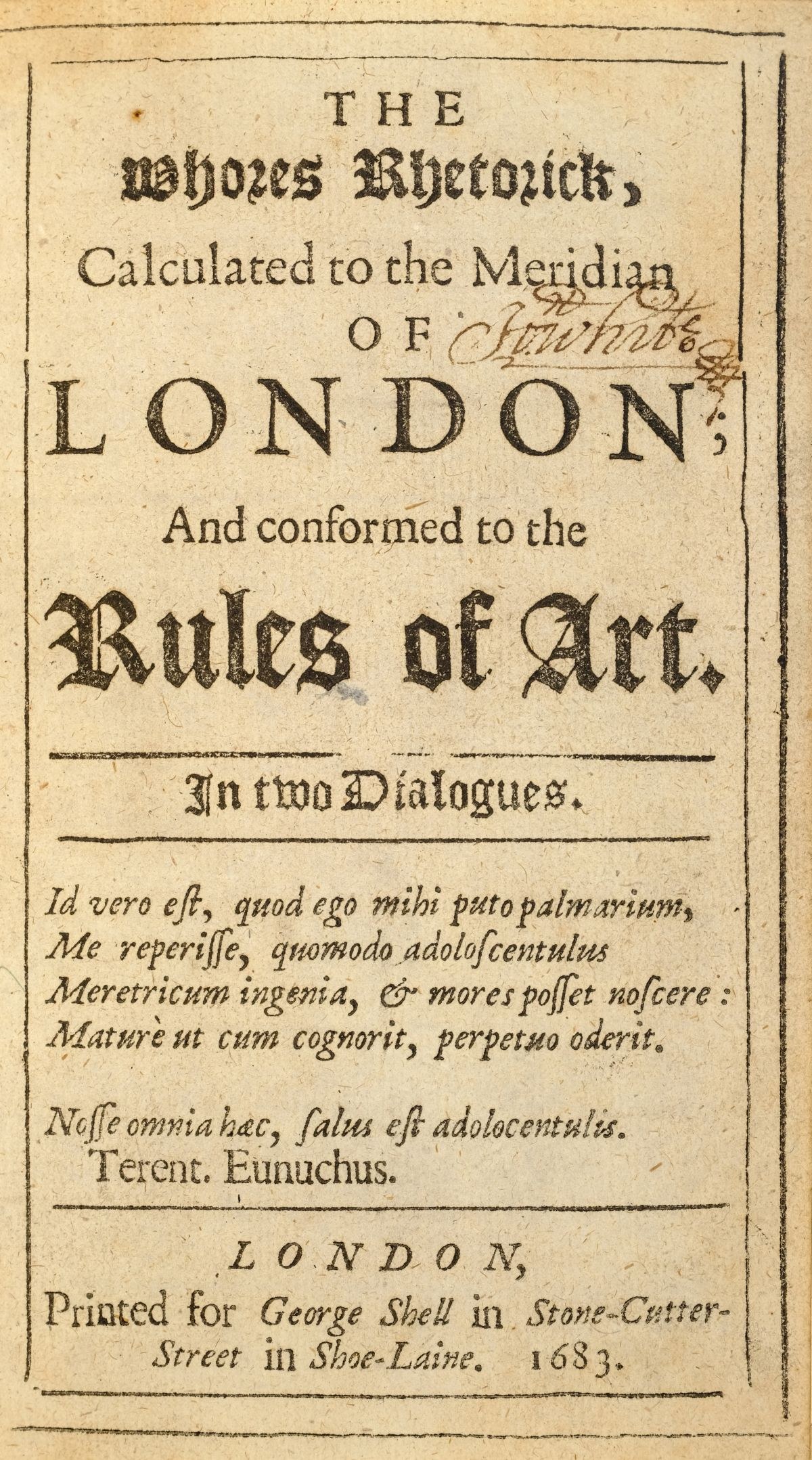 Altes Buch mit dem Titel "Die Hurenrhetorik, berechnet bis zum Meridian von London und den Regeln der Kunst in zwei Dialogen" mit abgenutzten Ecken und dekorativem Rand auf dem Cover.