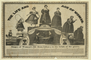 Ein bunt illustrierter Zeitstrahl, der die Phasen des Lebens einer Frau von der Geburt bis ins hohe Alter darstellt, mit begleitendem fetten Text.