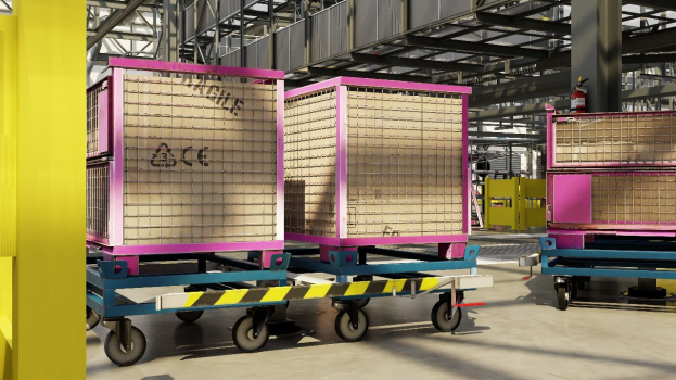 Großes Lager mit zahlreichen Kisten auf Wagen, einer gelben Säule links und einem Feuerlöscher rechts; Metallstangen und andere Gegenstände im Hintergrund, sichtbarer Boden.