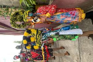 Eine Gruppe von Menschen in farbenfrohen Kostümen steht zusammen vor einem Gebäude, mit verschiedenen Gegenständen, Bäumen, Gebäuden und einem klaren blauen Himmel im Hintergrund während eines Karnevalsumzugs.