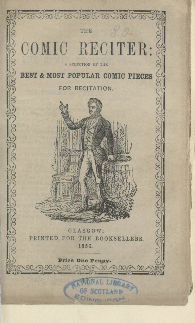 Alter Buchumschlag mit der Aufschrift "The Comic Reciter: A Selection of the Best and Most Popular Comic Pieces for Recitation" mit einer Illustration eines Mannes in einem Anzug, der auf einem Stuhl sitzt und einen ernsten Gesichtsausdruck hat.