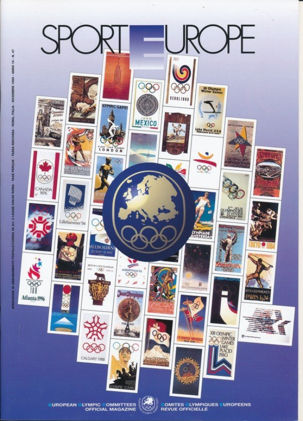 Ein Buchumschlag mit dem Titel "Sport in Europa" mit leuchtenden olympischen Bildern, Symbolen und Texten in kunstvollen Designs.