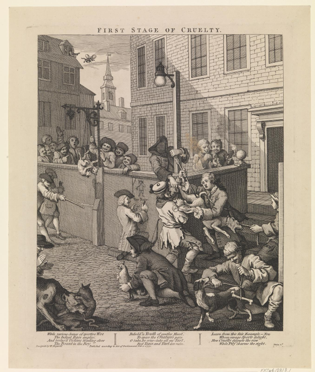 Gruppe von Menschen und Tieren, die sich um ein Gebäude mit Fenstern und einem Lichtmast versammeln, mit dem Text 'Erste Stufe der Grausamkeit' unten.