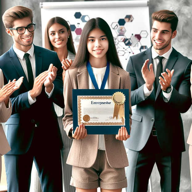 Eine Gruppe von Menschen in einem beruflichen Setting, die klatschen und feiern, wobei eine Frau in der Mitte ein Zertifikat hält und eine Medaille trägt.