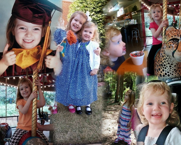 Collage mit lustigen Fahrgeschäften, Kinderartikeln, Essen, Outdoor-Elementen und diversen Gegenständen.