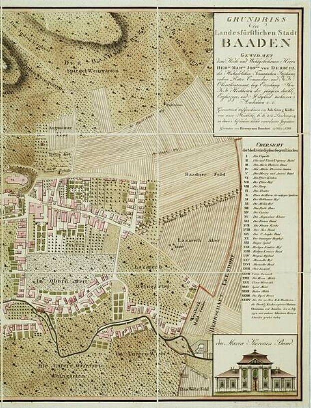 Ein detaillierter alter Stadtplan von Baden-Württemberg, Deutschland, der Straßen, Gebäude und Sehenswürdigkeiten zeigt, mit einem Gebäude in der rechten unteren Ecke und einem Text, der Stadtinformationen bereitstellt.