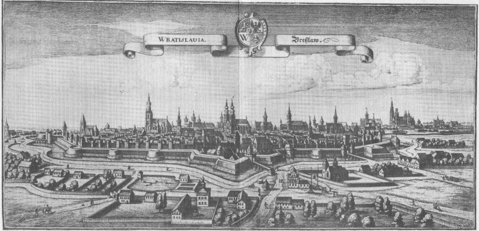 Schwarz-weiß-Illustration einer Stadtlandschaft mit Gebäuden, Bäumen und Himmel, beschriftet mit "Wratislauia, die Hauptstadt der Niederlande" oben.