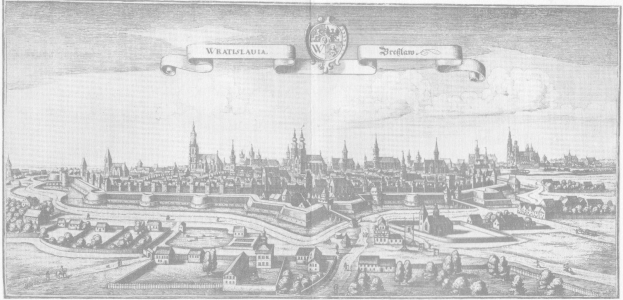 Schwarz-weiß-Illustration einer Stadtlandschaft mit Gebäuden, Bäumen und Himmel, beschriftet mit "Wratislauia, die Hauptstadt der Niederlande" oben.