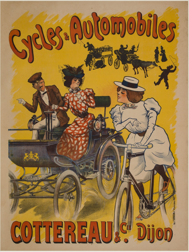 Plakat zeigt Fahrräder und Automobile in Cottereau und Dijon, Frankreich, mit Menschen auf Fahrrädern und einer Kutsche.