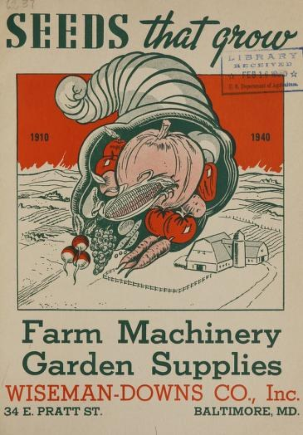 Plakat von Wiseman-Downs Co., Inc. (1910–1940) zur Werbung für Landmaschinen, Gartenzubehör und Samen mit beschreibendem Text.