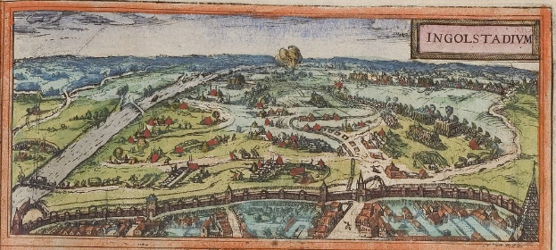 Alte Karte von Ingolstadt, Deutschland, die Bäume, Häuser, eine Brücke, Wasser, Hügel und Himmel mit Text auf dem Papier zeigt.