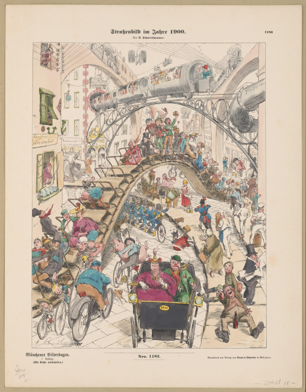 Schwarz-weiß-Illustration eines überfüllten Bahnhofs aus dem Jahr 1900, eingerahmt von einem Fotorand, mit Menschen in Not.