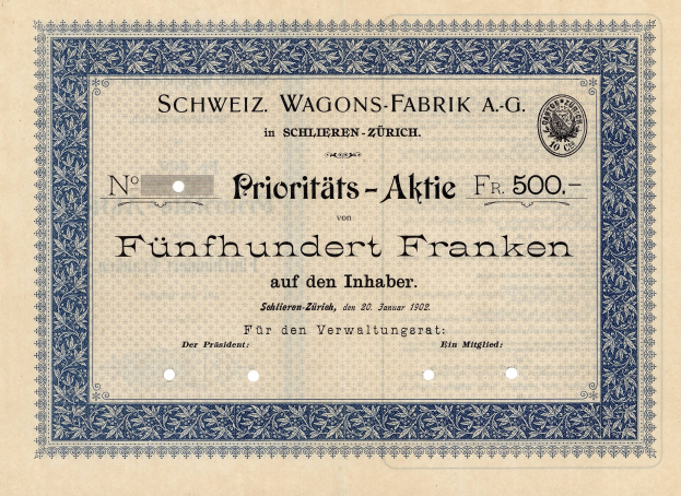 Altes deutsches Aktienzertifikat mit blauem Rand, das den Text 'Schweiz Wagons-Fabrik A.G.' zeigt
