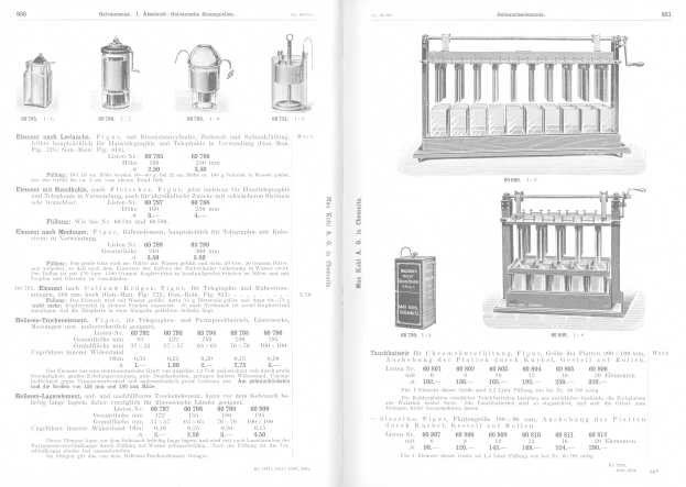 Offenes Buch mit Abbildungen und Beschreibungen verschiedener Maschinen mit unterschiedlichen Designs und Spezifikationen.