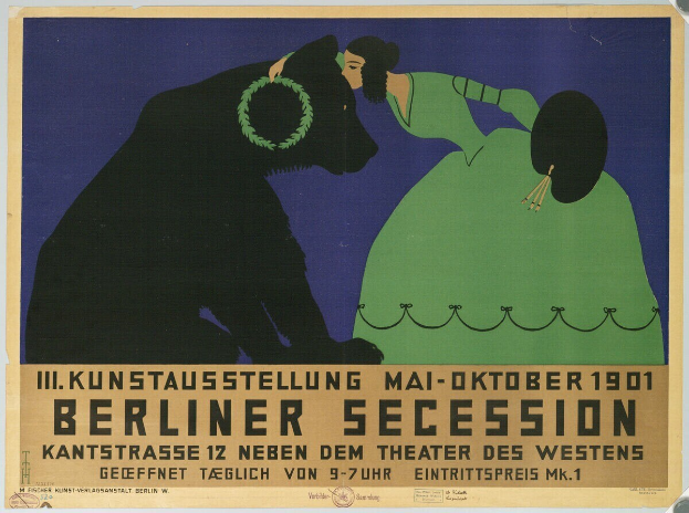 Plakat für die Berliner Secession mit einer Frau in grünem Kleid und einem Mann im schwarzen Anzug mit Textbeschreibung des Ereignisses.