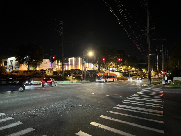 Eine nächtliche Stadtstraße mit fahrenden Autos, einem Bus, Laternen, Ampeln, Strommasten mit Drähten, Bäumen, Pflanzen, Gras und Gebäuden im Hintergrund unter einem dunklen Himmel.
