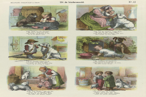 Ein Buchseite mit Kindern in bunten Kleidern, verschiedenen Hunderassen und Kursivtext innerhalb eines dekorativen Rahmens.