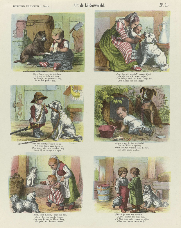 Ein Buchseite mit Kindern in bunten Kleidern, verschiedenen Hunderassen und Kursivtext innerhalb eines dekorativen Rahmens.