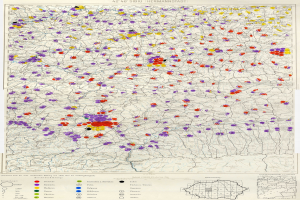 Eine Deutschlandkarte mit bunten Punkten, die die Verteilung der Anzahl der Menschen in jedem Land darstellen, begleitet von Text am unteren Rand.