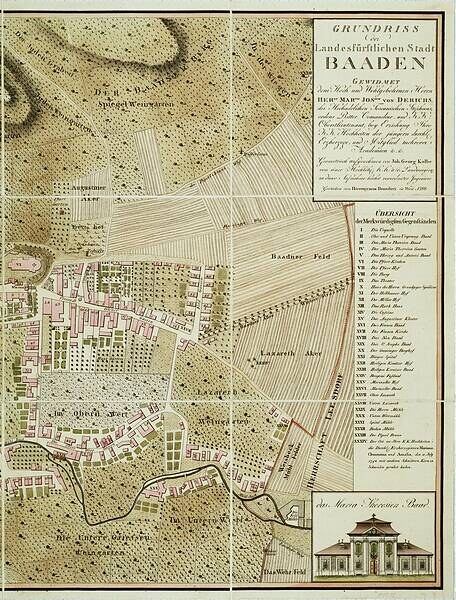 Alte detaillierte Karte von Baden-Württemberg, Deutschland, mit Straße, Gebäuden und Landmarken, mit einem Gebäude im unteren rechten Eck.