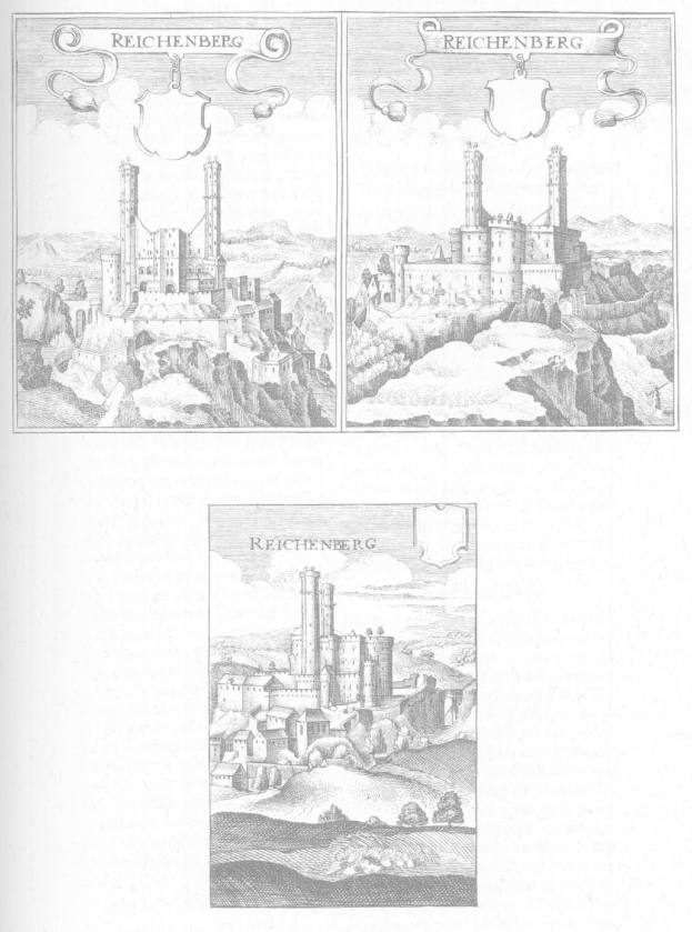 Ein aufgeschlagenes Buch mit dem Titel "Reichenberg Burg" und einer Illustration einer Burg auf einem Hügel, umgeben von Gebäuden, Bäumen, Hügeln und Himmel, veröffentlicht in der Deutschen Bibliothek des Kongresses.