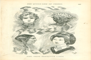 Ein altes Buchcover mit einer Zeichnung von vier Frauenköpfen und der Text "Die queere Seite der Dinge".