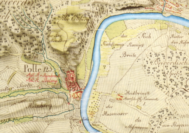 Ausführliches altes Stadtplan von Polle, Deutschland, mit einem Fluss, Straße, Gebäude und anderen Merkmalen.