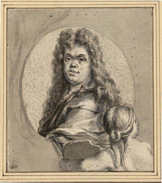 Ein Porträt eines Mannes mit langen Haaren und einem ernsten Gesichtsausdruck, der den Betrachter ansieht, neben einer Frau mit einem sanften Gesichtsausdruck, die ein Kind hält und beide direkt in die Kamera schauen.