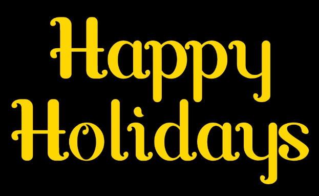 Weißer Hintergrund mit gelbem Text, der "Fröhliche Feiertage" in einer fröhlichen, festlichen Art und Weise darstellt.