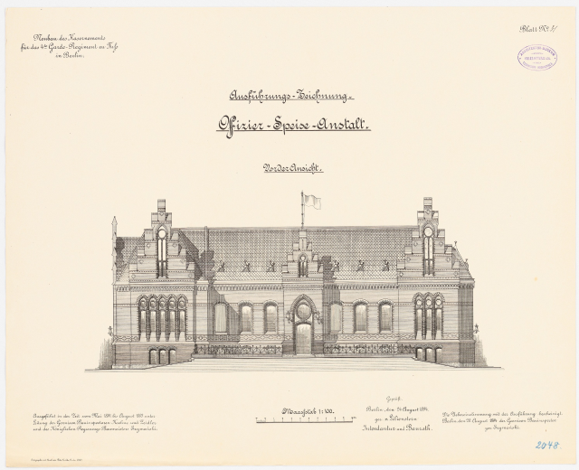 Eine Zeichnung des Hauptsaals des Deutschen Bundestages in Berlin, Deutschland, mit einer Flagge oben und begleitendem Text.