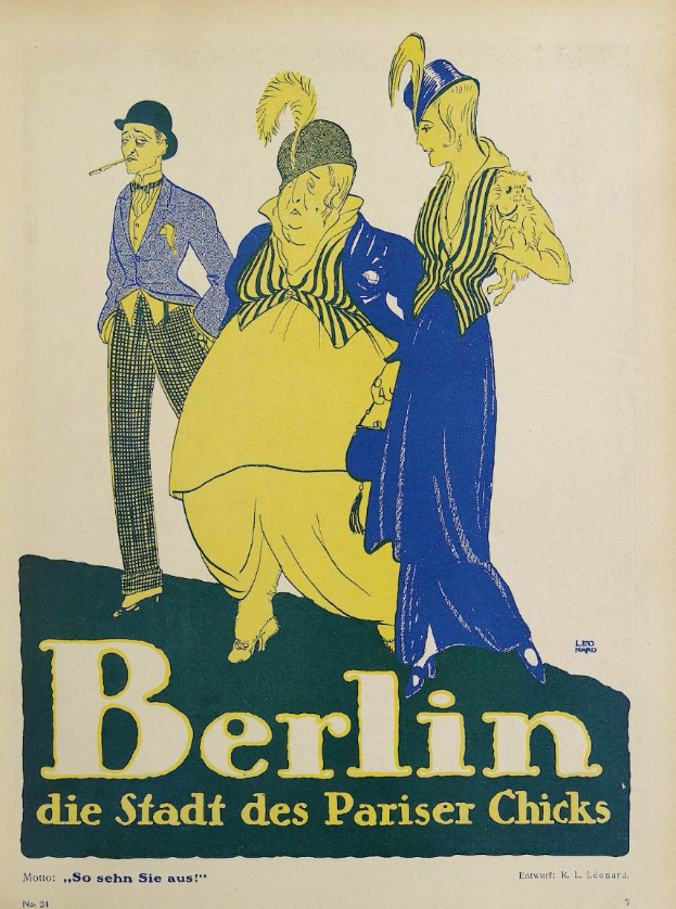 Plakat für ein Berliner Konzert mit dem Titel "Berlin - Die Stadt des Pariser Chicks", das eine Gruppe von Menschen in bunter Kleidung vor einem Gebäude zeigt, die lächeln und Spaß zu haben scheinen.