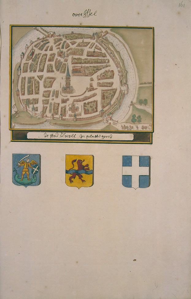 Offenes Buch mit detaillierter Stadtkarte und umgebenem Text und Logos.