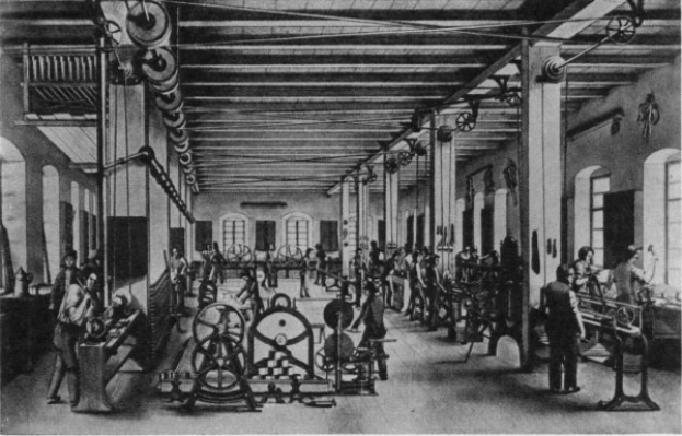 Schwarz-weiß-Zeichnung eines Fabrikinneren mit Arbeitern, die Maschinen bedienen, tragenden Säulen, Fenstern und einer Decke, mit der Überschrift "Die Geschichte der Textilindustrie" unten.
