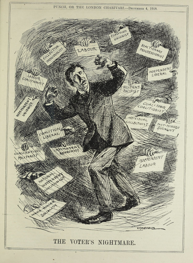 Mann im Anzug und Krawatte hält ein Schild mit der Aufschrift "Der Albtraum des Wählers" mit entschlossener Miene.