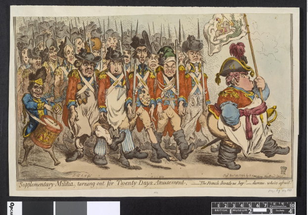 Gruppe von Männern in Militäruniformen marschiert die Straße entlang, einer hält einen Stock in der Hand, mit dem Text 'Ergänzender Militärdienst, Ausmarsch für Zwanzig-Tage-Vergnügen' unten.