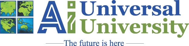 Das Universelle Universitätslogo mit einem blauen Kreis mit weißer Umrandung und einem Stern, umgeben von einem weißen Ring mit blauer Schrift, und dem Satz "Die Zukunft ist Hier" in fetter schwarzer Schrift darunter.