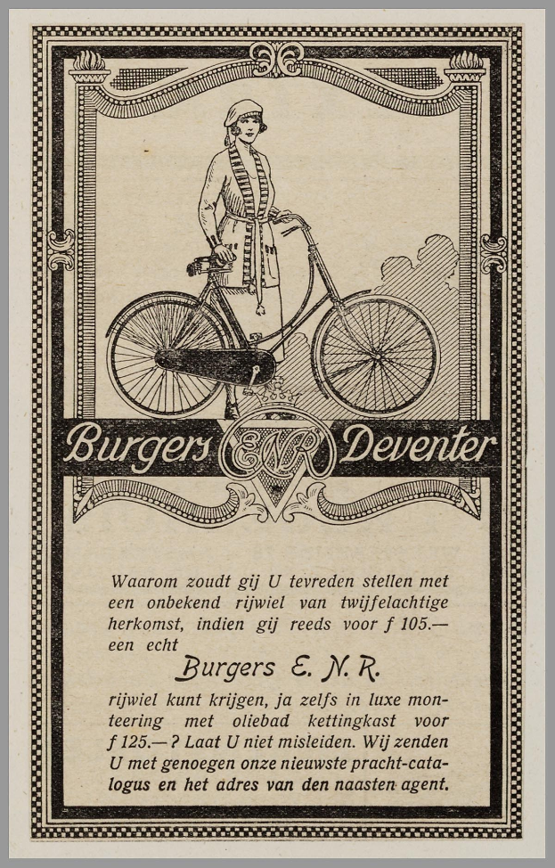 Frau auf Fahrrad in alter Werbung für Burgers Deventer, mit Text über die Fahrradmerkmale.