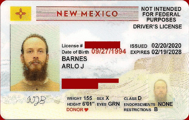 Neues Führerschein-Foto aus New Mexico mit einem Mannsbild, Text und numerischen Informationen.
