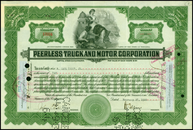 Schwarzes und weißes Aktienzertifikat für Peerless Truck & Motor Corporation mit zwei Personen und dem Unternehmensnamen.