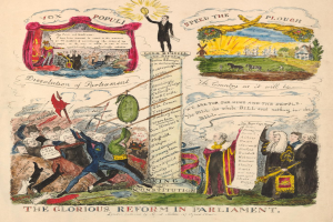 Ein buntes Papier mit fetter Schrift und Bildern von verschiedenen, strahlenden Menschen, das eine Parlamentsreform mit einem Sinn von Hoffnung und Optimismus darstellt.