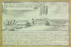 Ein altes Dokument mit einer Zeichnung eines Hofes in einem Feld, umgeben von Häusern, Bäumen und Himmel, mit der Beschriftung "Surgensburg, Deutschland - Landschaft eines Hofes".