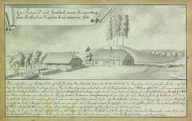 Ein altes Dokument mit einer Zeichnung eines Hofes in einem Feld, umgeben von Häusern, Bäumen und Himmel, mit der Beschriftung "Surgensburg, Deutschland - Landschaft eines Hofes".