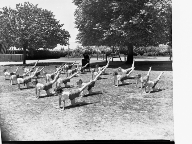 Schwarz-weiß-Foto einer Gruppe von Menschen, die Yoga in einem Park umgeben von Bäumen und Pflanzen machen.