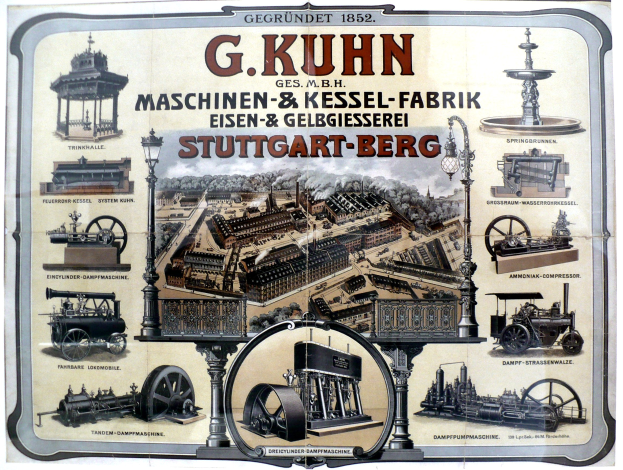 Werbeposter für G. Kuhn's Stuttgart-Berg Maschinenbau mit Bildern von Maschinen und Begleittext.