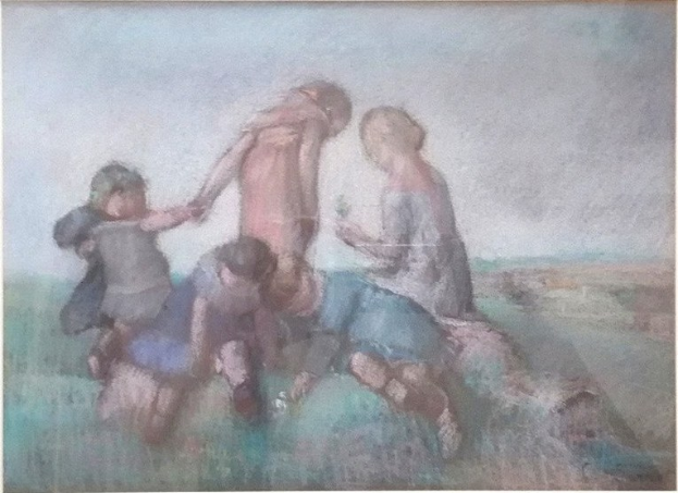 Gemälde von Kindern beim Spielen auf einem Feld, gerahmt, mit hellen, fröhlichen Farben und spielerischen Ausdrücken.