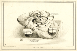 Ein Anwalt in Anzug sitzt an einem Tisch mit einer Waage davor und durchsucht Dokumente mit Text und Zahlen.