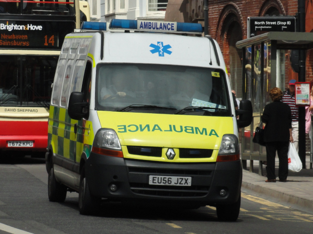 Rettungswagen fährt auf einer Straße neben einem roten Doppeldeckerbus mit Fußgängern auf dem angrenzenden Gehweg und Gebäuden im Hintergrund.